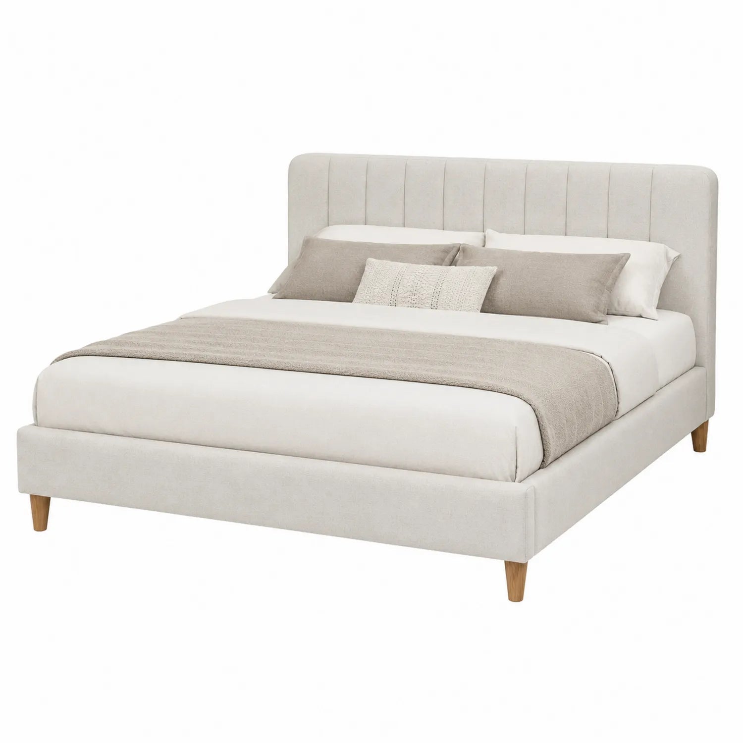 Cama tapizada en poliéster beige con cabecera y patas de madera 200x180 cm