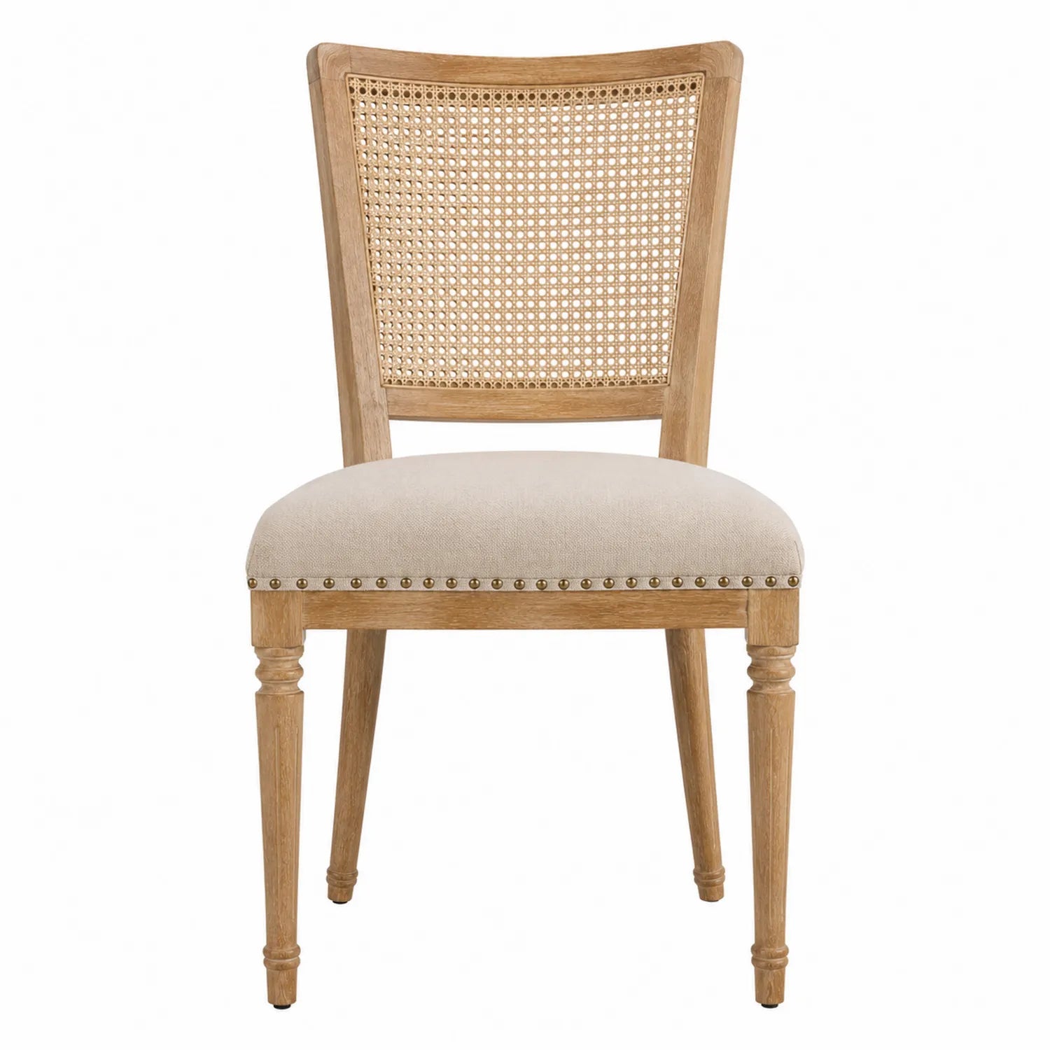 Silla de madera maciza con respaldo de rejilla y asiento tapizado beige