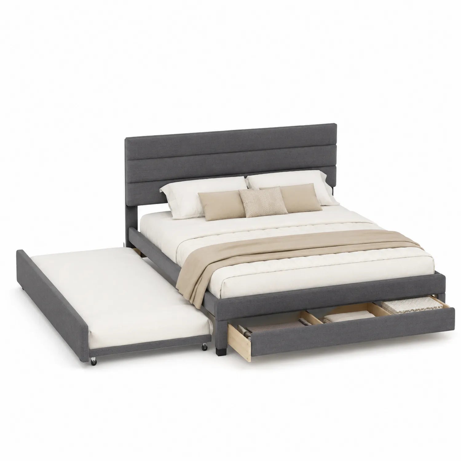 Cama doble con cajones y somier extraíble gris