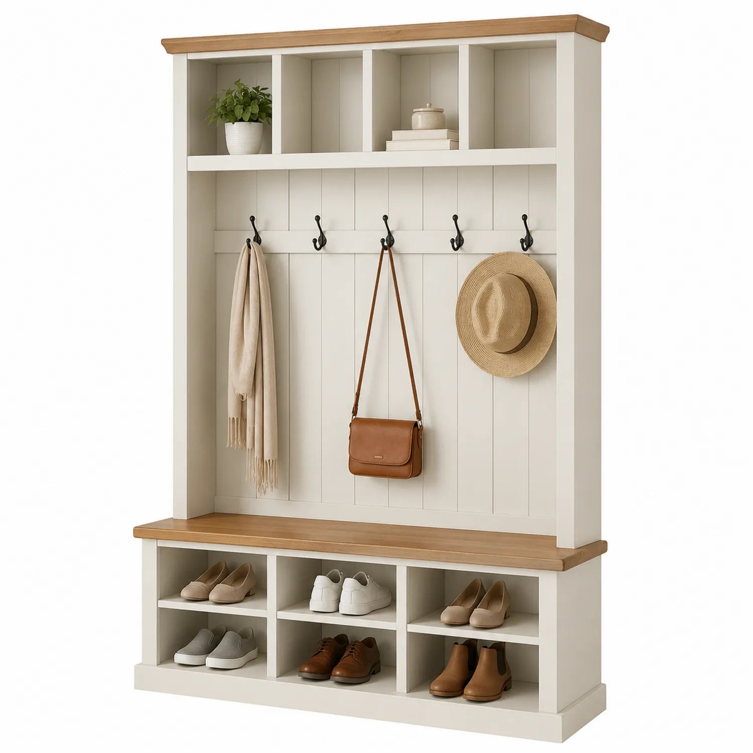 Mueble de Entrada de Madera y MDF con Ganchos y Compartimentos Blanco/Roble