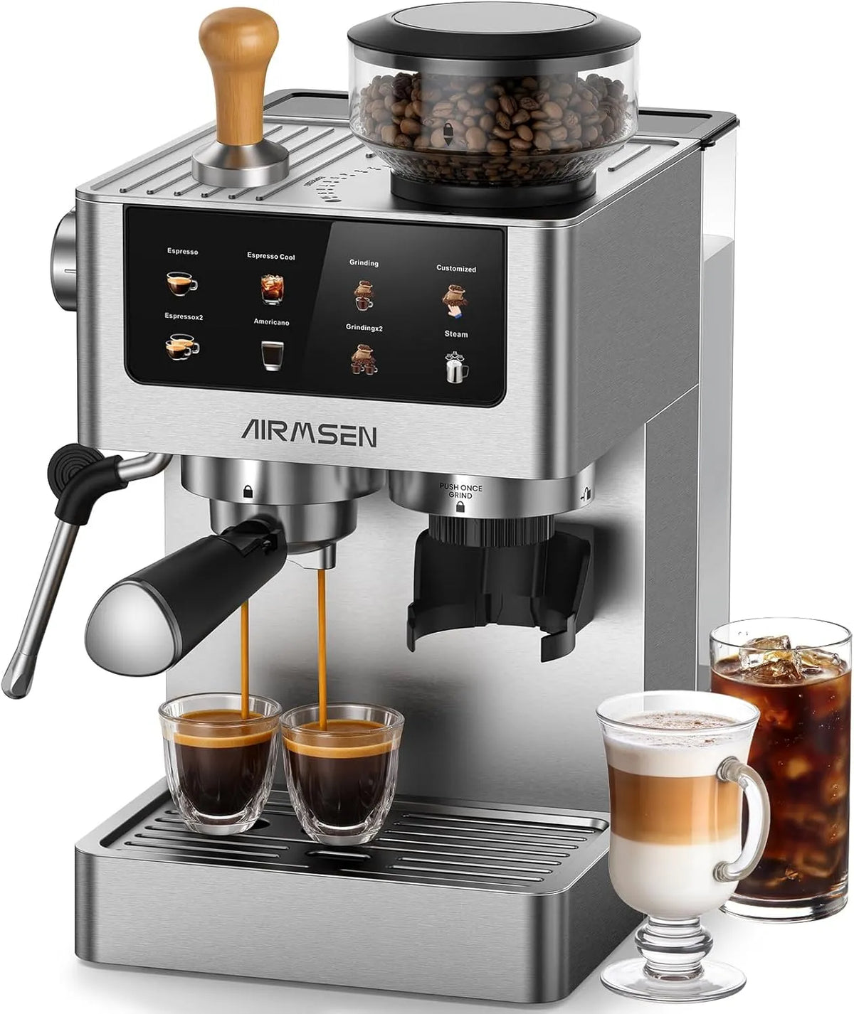 AIRMSEN Máquina de expresso Arimsen com hidratante de leite - Ecrã Tátil, Programável, Cerveja Frio e Americano Compatível, Aço Inoxidável, Tanque 1.8 L