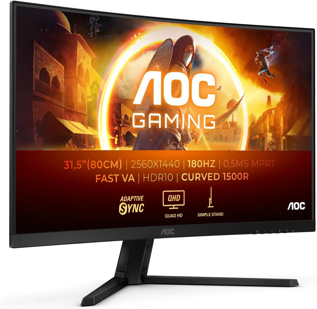 Ecrã de jogos curvada AOC 31,5'', 180 Hz, 0,5ms, HDR10, FreeSync, QHD, HDMI/DP, Preto
