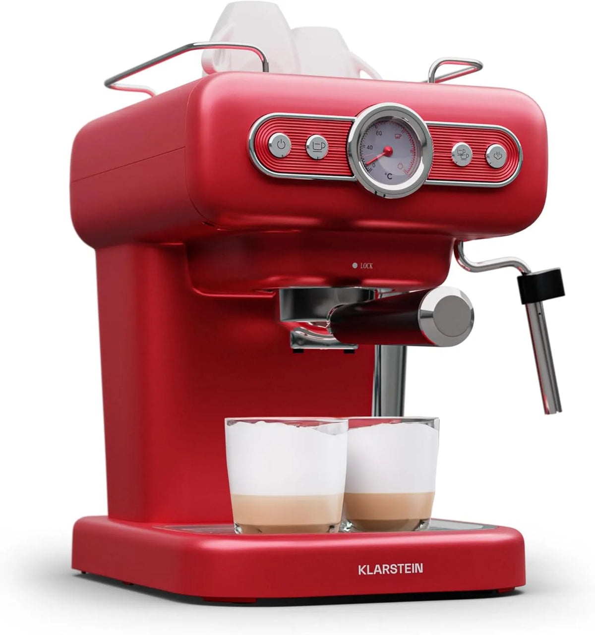 Máquina KLARSTEIN 1.2 L Expresso transparente com molde de leite e filtro de suporte, Retro Design em aço inoxidável, 950 W para Cappuccino