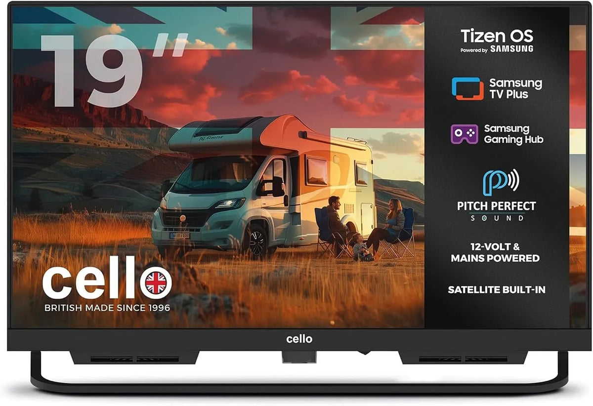 Cello 19' Smart TV para campismo Carro, Tizen OS, Hub Gaming, Bluetooth