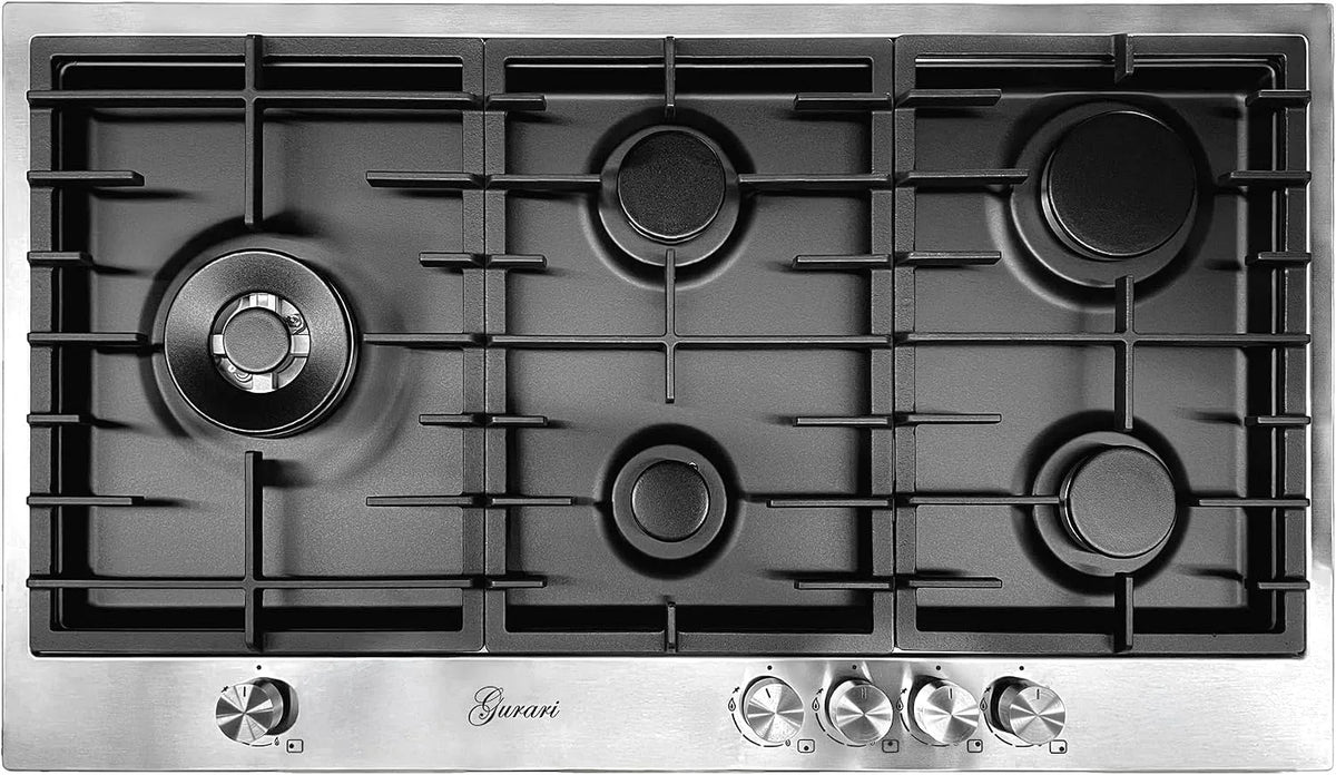 Gurari Placa de cozinha 90 cm de aço inoxidável, queimadores de gás 5 zonas, WOK 4 kW, gás natural