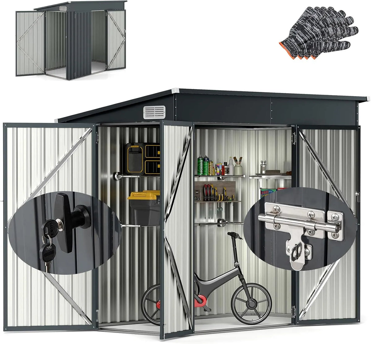 RELAX4LIFE Resistente ao metal do abrigo do jardim com portas e janelas bloqueáveis, 235x117x185 CM, 5 m³, cinzento