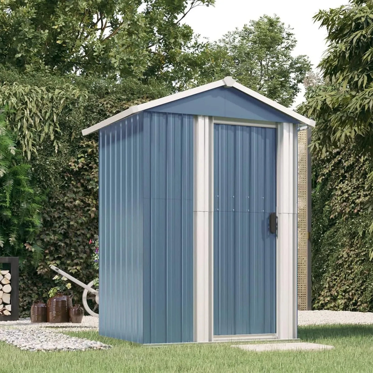 Homgoday Cabine de jardim metálico 126x98x177 cm - Armazenamento ao ar livre para ferramentas e equipamentos Cinzento