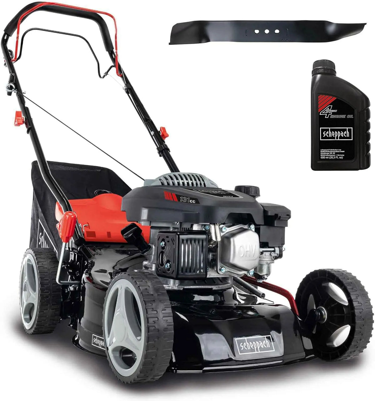 Cortador de grama térmica de Scheppach 42 cm 3,4 HP com murcha, ajuste de altura 7 níveis, Carrinho 45 L