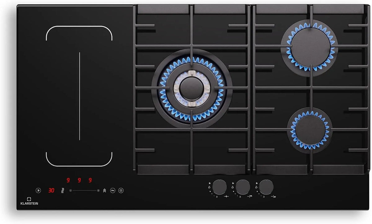 KLARSTEIN MultiChef placa de cozinha mista - 5 zonas de indução e gás, 10,6 kW, comando tátil, função de parada & go, temporizador encastrado, 87,5 cm, preto