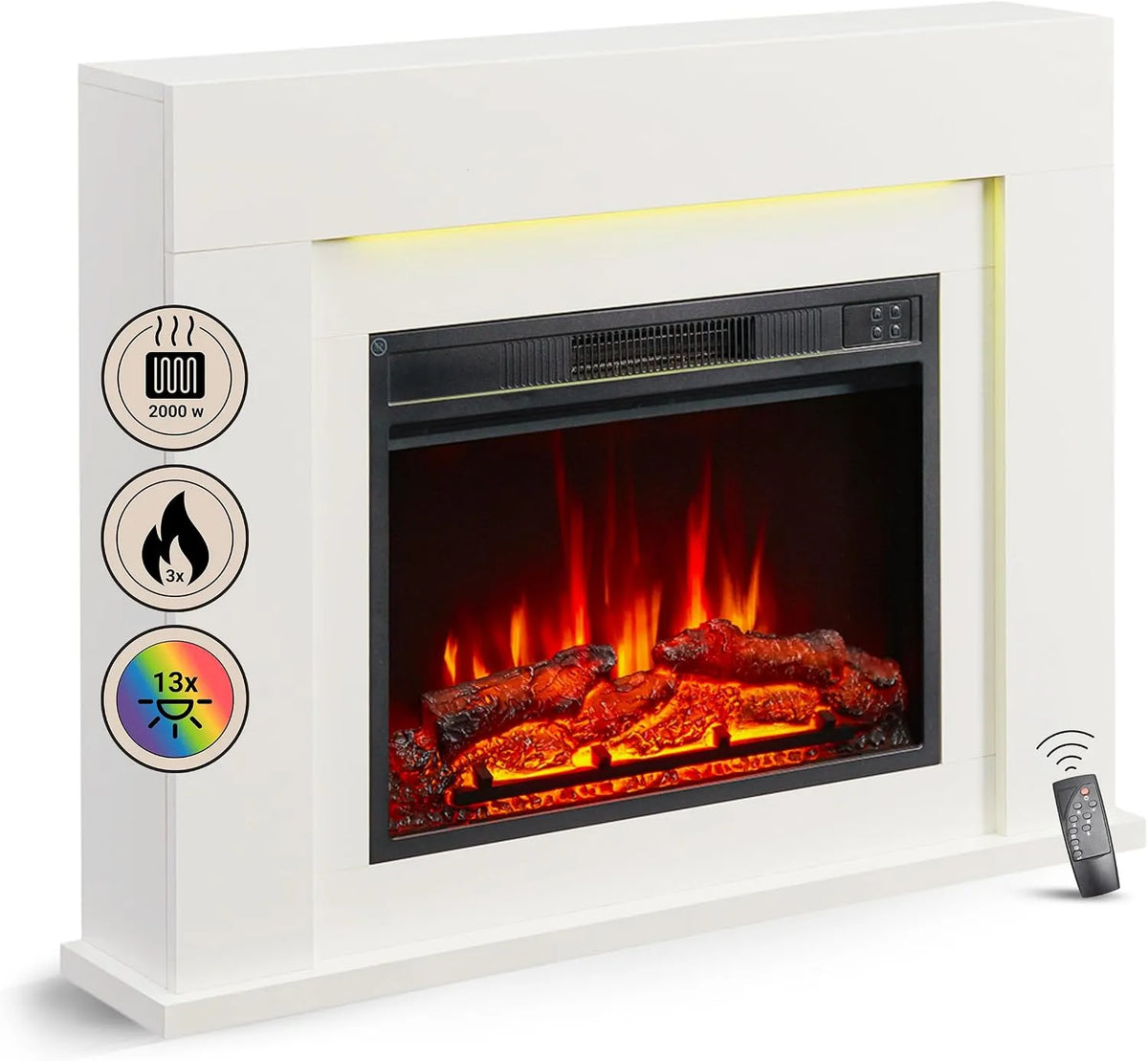 BALDERIA elétrico Lareira Nordic LED Design, 2000 W, comando à distância, segurança integrada, chama 3D, termostato, temporizador, branco novo