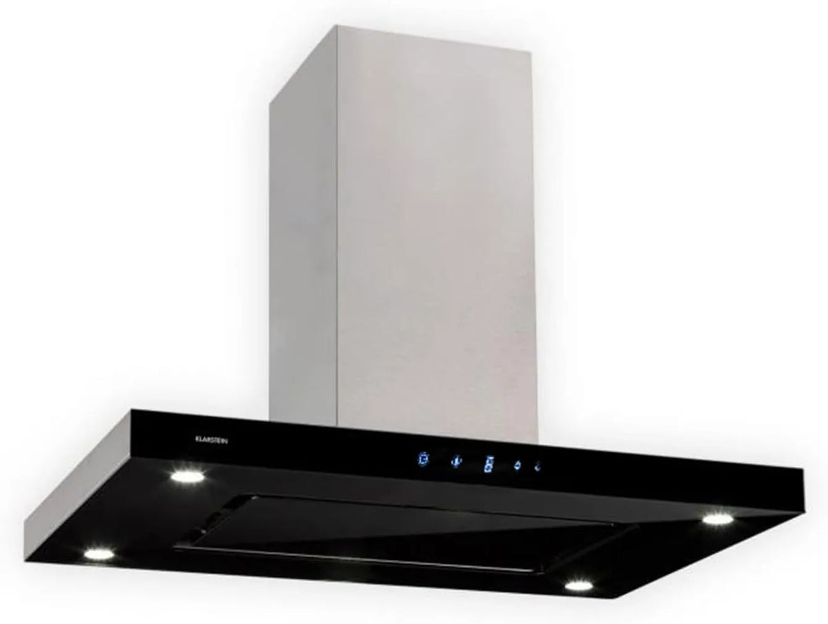 KLARSTEIN Valeria Îlot exaustor - 230 W, 650 m³/h, 3 velocidades, LED, comando tátil, Vidro e aço inoxidável, económica, PuroConcepção de Ambiente, Prata