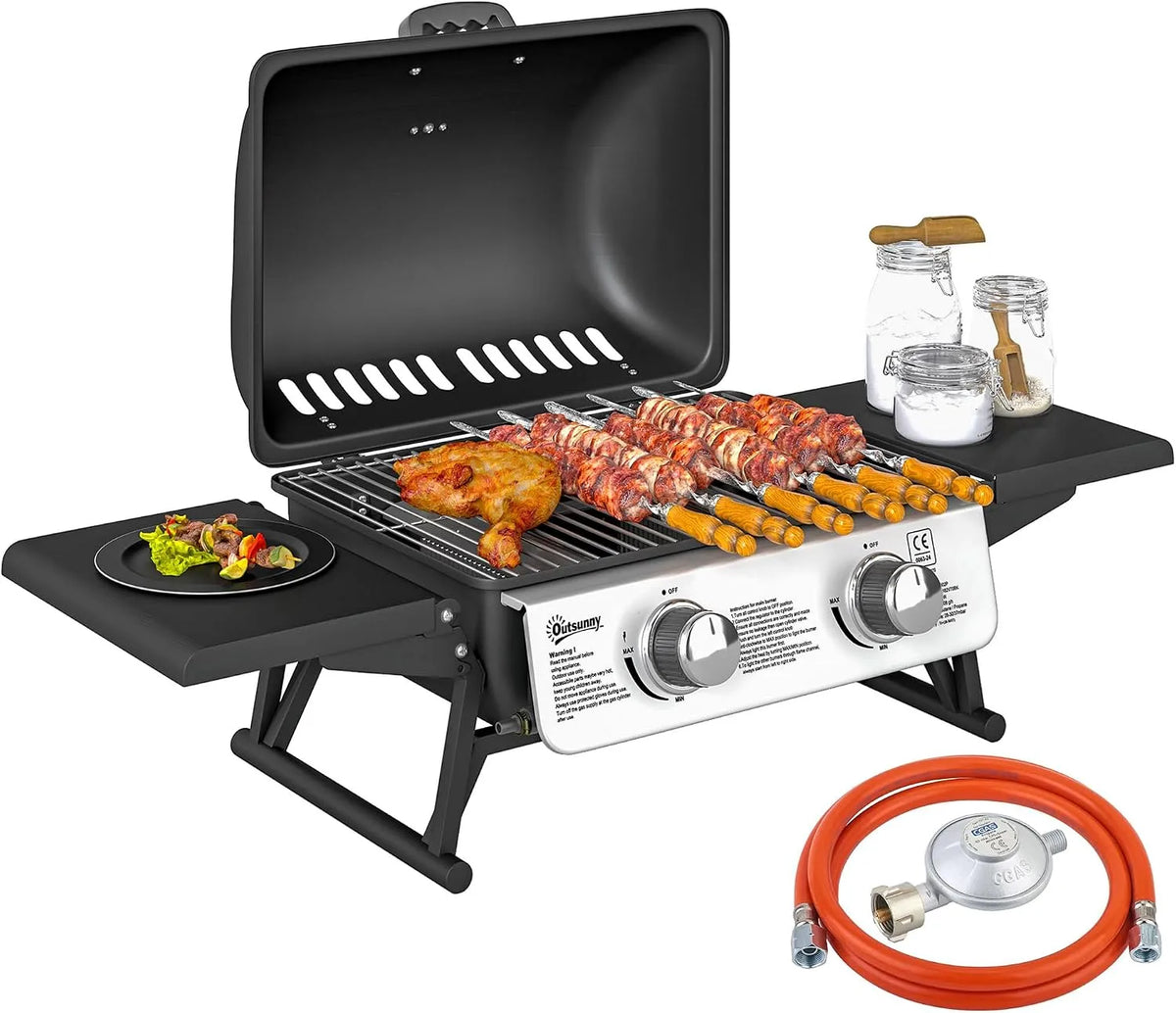 Churrasco portátil de gás Outsunny 2 queimadores, 5,6 kW, com prateleiras e prateleiras, tampa e termômetro para jardim e campismo