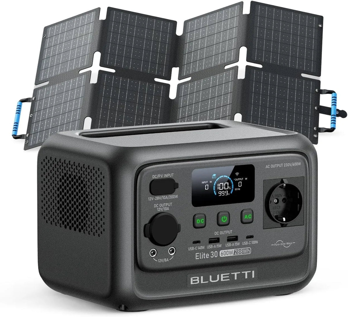 BLUETTI Gerador Solar portátil de 30 V2 de BLUETTTI Elite 288 Wh 600 W, Carregar através de Painéis Solares, Carro e AC, Ideal para Emergências e campismo