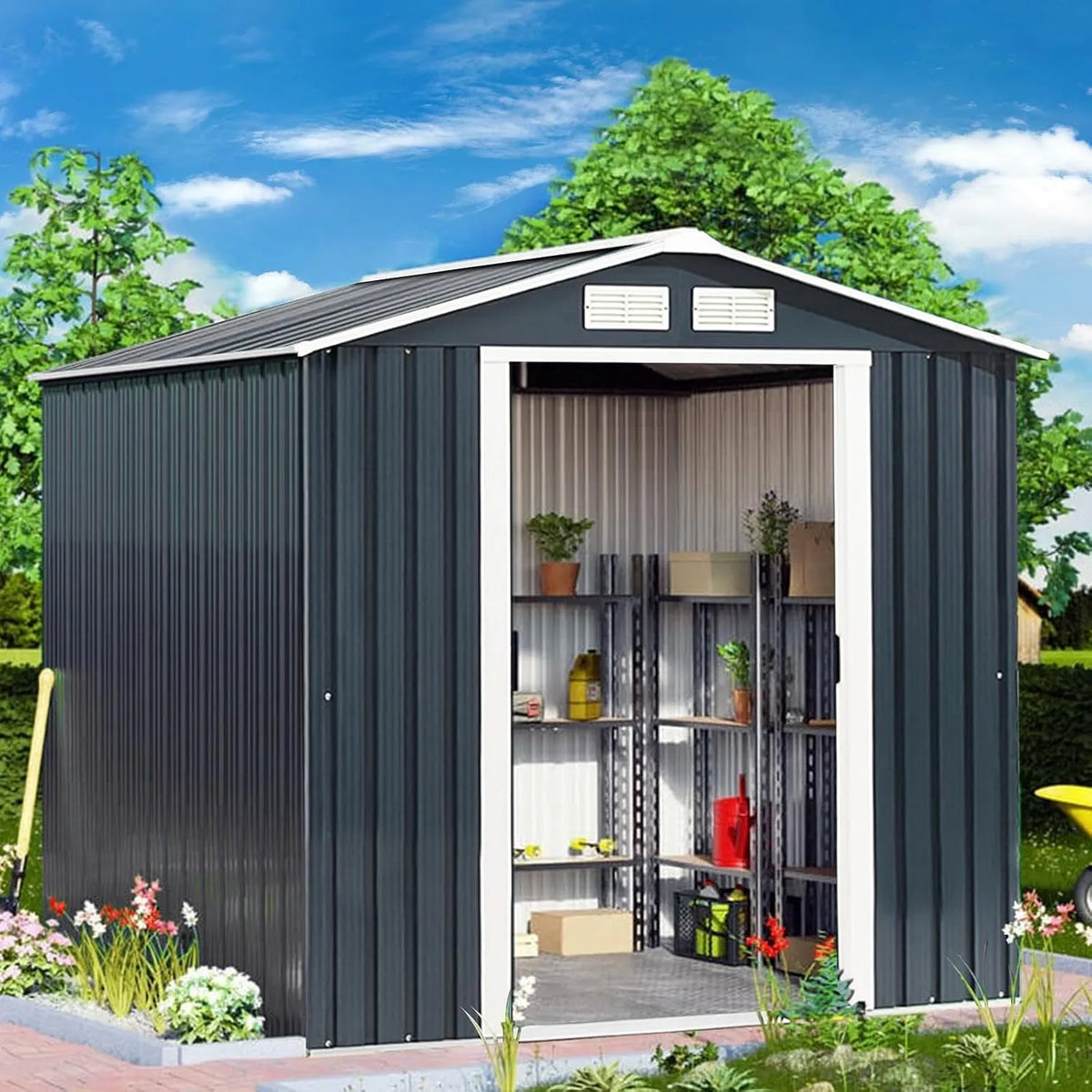Abrigo de jardim COSTWAY em metal cinzento 2.7 m², telhado forrado, portas deslizantes, travado, ventilação incluída, ideal para armazenamento de bicicletas e lixeiras