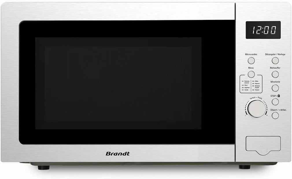 Microondas BRANDT 900 W 25 L, aço inoxidável, 8 programas automáticos