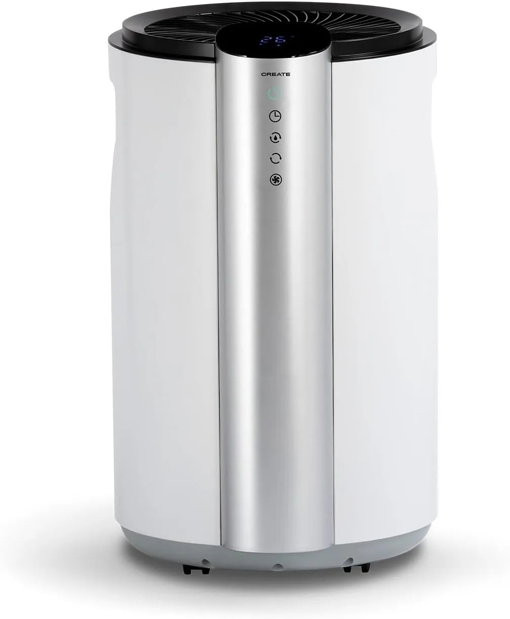 CREATE Desumidificador Spiral XL branco - Para espaços até 90 m², Segurança Integrada, Ecrã LED, Redução de humidade de 80%, Capacidade de Absorção de 20 L/dia, Potência 380 W