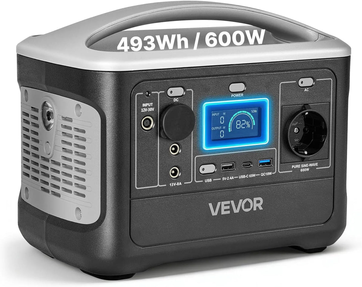 Gerador portátil VEVOR 600 W, LiFePO4 493 Wh Bateria de Emergência, Ideal para campismo e Viagem, 7 Portos de Saída