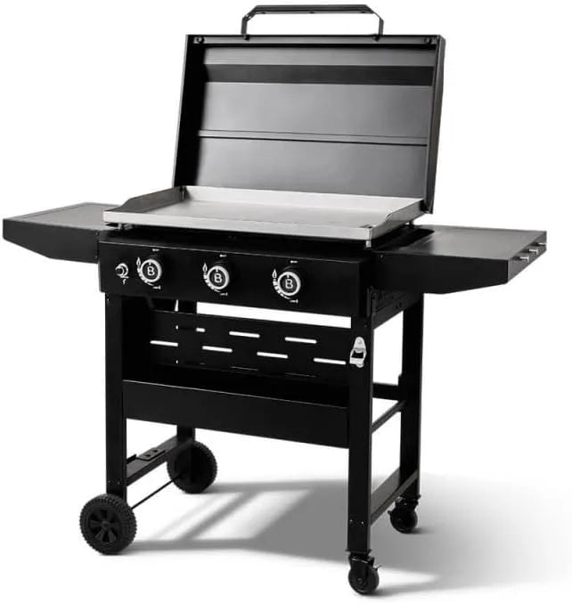 Barbeque de gás BRASERO no carrinho – 3 queimadores 12 kW – Placa de aço inoxidável 69,5 x 44 cm – Para 12 pessoas – Prateleiras, rodas e tampa dobráveis