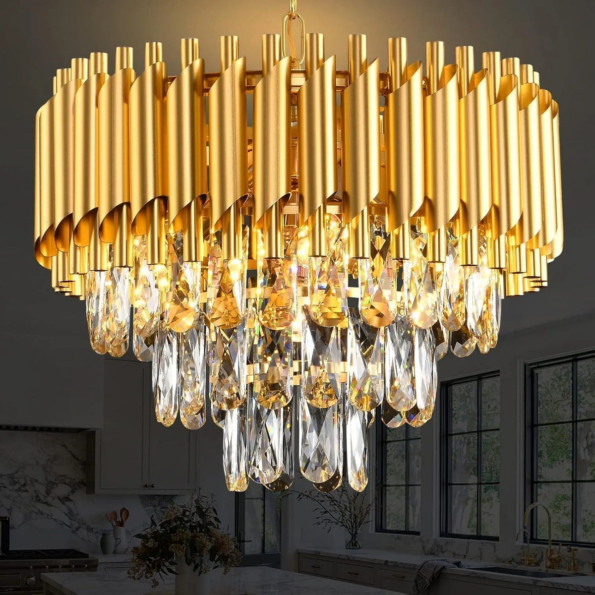 MSSIAN Lustre de cristal de 3 níveis elegante - Design de interiores moderno - Ideal para sala de jantar, sala de estar, quarto ou entrada - Compatível com 5 lâmpadas E14