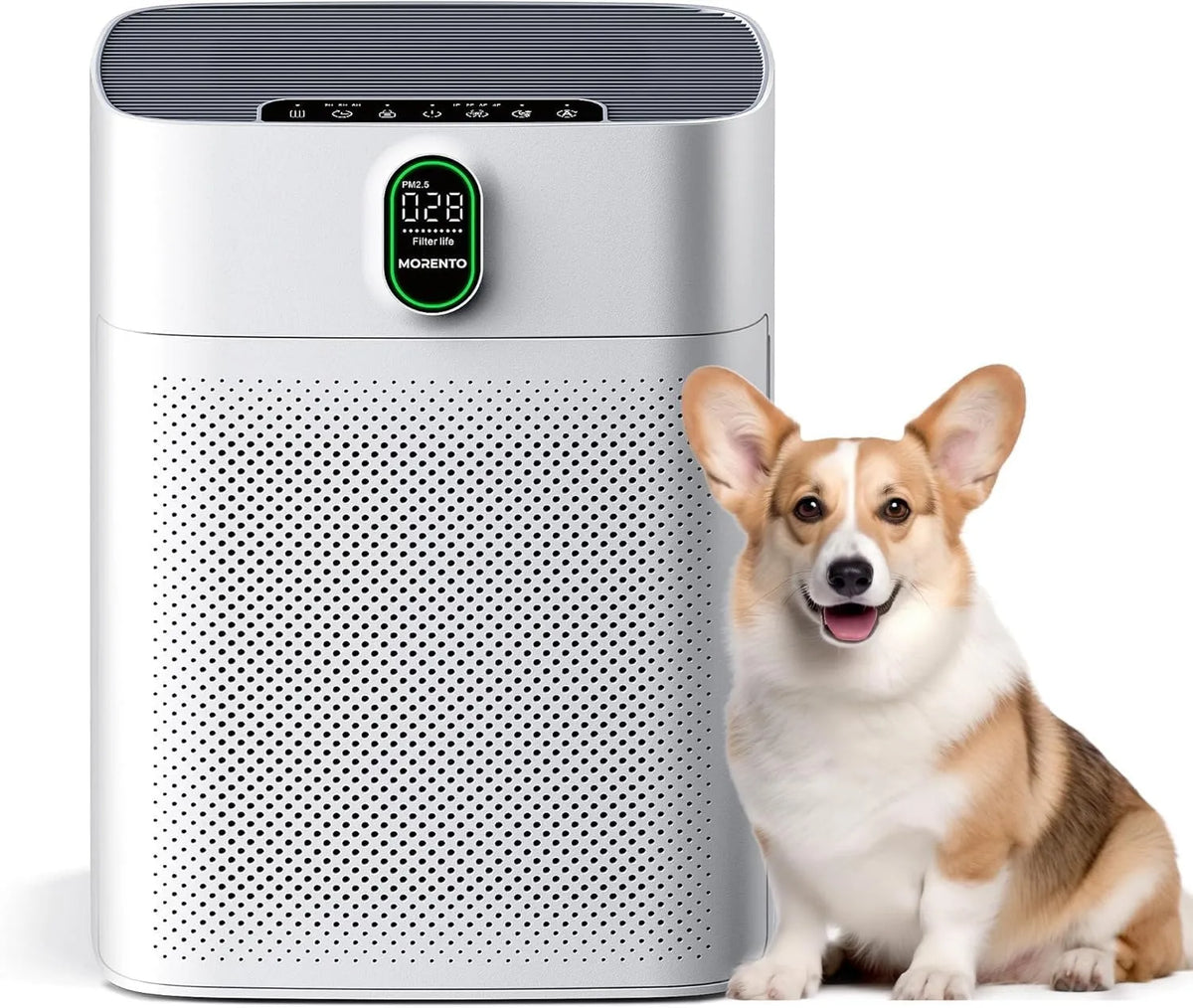 MORENTO purificador de ar com filtro HEPA, pêlos animais e remoção de odor, CADR 300 m³/h, ultra-silêncio 24 dB, sensor de qualidade do ar, 4 velocidades para casa e escritório, incluindo 1 dispositivo + 2 filtros