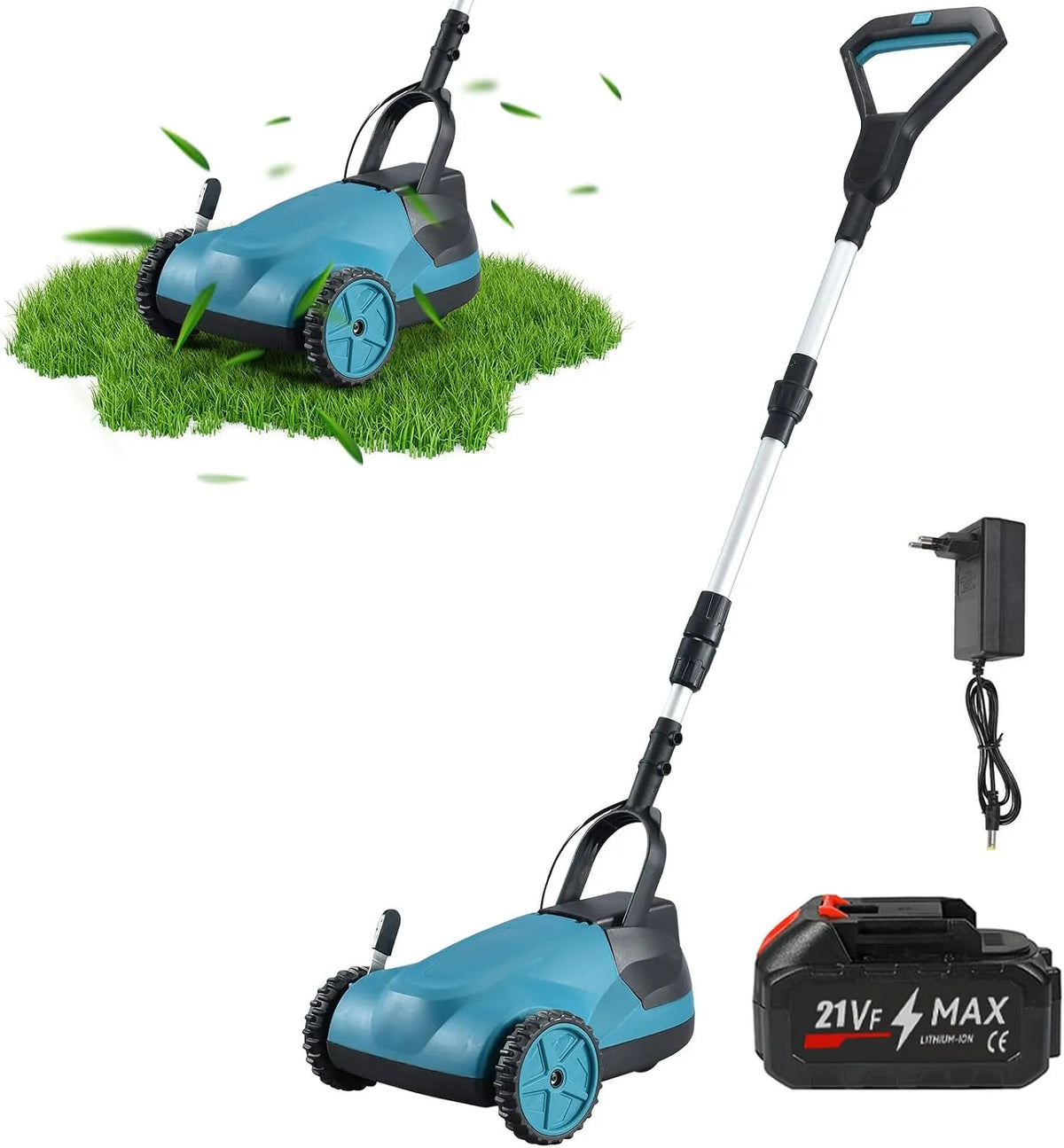 JOPWUE Cortador de relva sem fios 21 cm, 21 V 3.0 Ah bateria, altura ajustável para gramado 50 m²