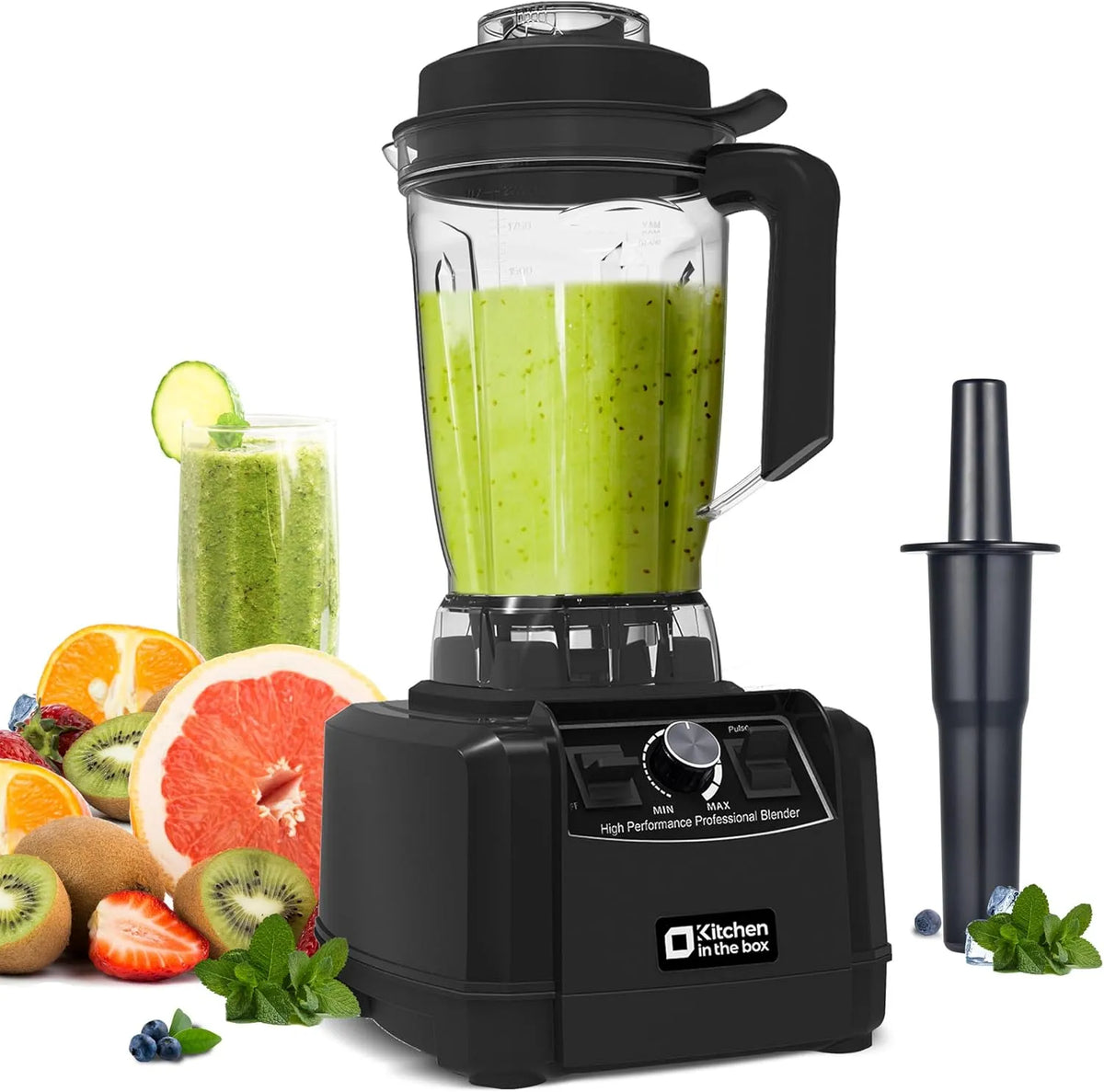 Kitchen in the box Misturador profissional 1500 W 2 L, Blender elétrico de alto desempenho para cozinha, Lâminas Premium 8 Point, Smoothies e preparação de gelo de travesseiro (Preto)
