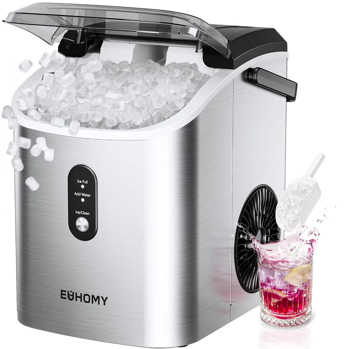 Máquina de gelo portátil EUHOMY, produção rápida 6 min, capacidade diária de 15,4 kg, tampa removível, função de autolimpeza, com cesta e escavadeira