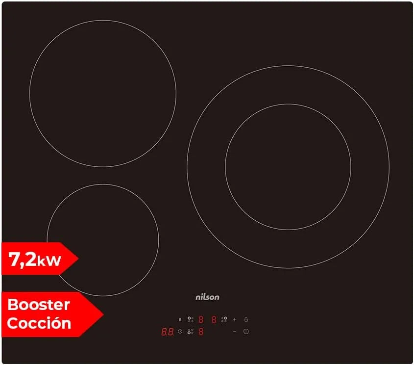 Placa de indução preta NILSON NI3600,3 zonas, 7200 W, 9 níveis, toques sensíveis, função de reforço, segurança infantil, temporizador