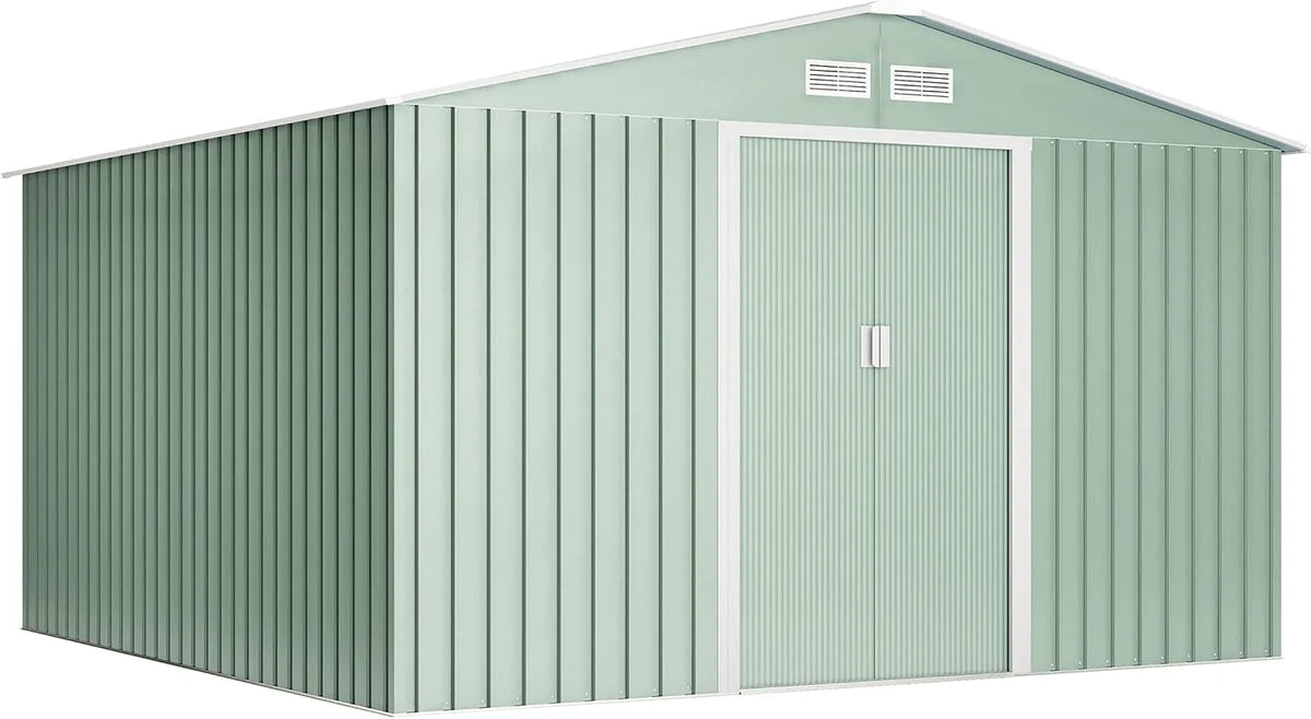 wasabi Abrigo de jardim em metal 10,2 m² Luz Verde com porta deslizante dupla e grades de ventilação