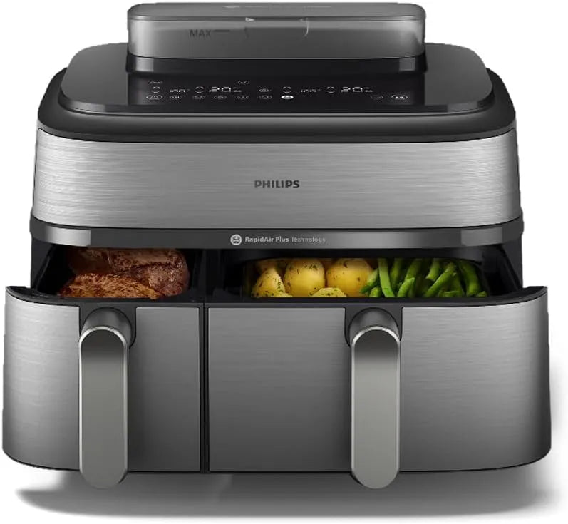 Air Frymaker Philips 5000 Series - Cesto duplo com vapor de cozedura, 9 L, 19 modos, redução de gordura 90%, AirSteam, limpeza fácil, HomeID (NA555/00)