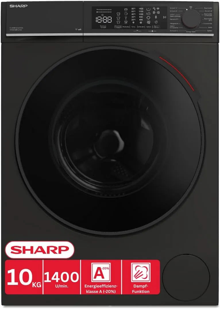 Sharp Máquina de lavar a mão 10 kg - 1400 RPM - Classe A - Motor inversor - WiFi - AquaStop - Função Steam - Ecrã sensível ao toque - Matt preto - Carga frontal