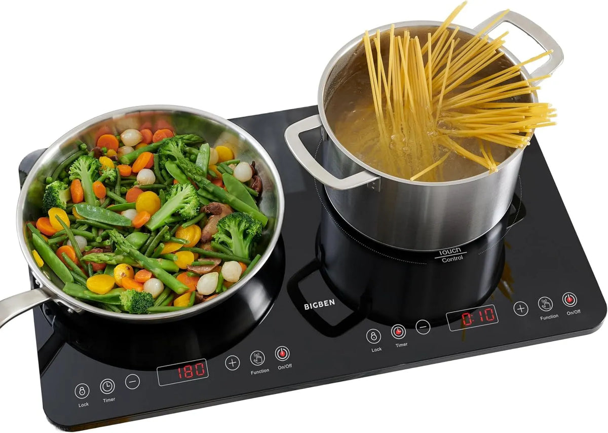 Placa de indução dupla portátil Bigben 3500 W - 2 zonas com temporizador e temperatura ajustável 60-240 °C, perfeito para cozinha e estúdio, fácil cuidado