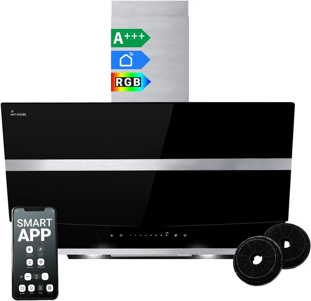 KKT KOLBE Capa de parede de 80 cm em aço inoxidável com vidro preto e WiFi
