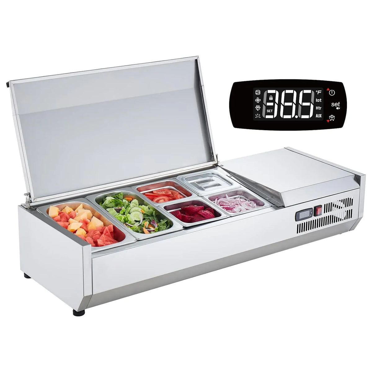 VEVOR Contador refrigerado para 140 W Saladas, Pizzeria Vitrina refrigerada com Casseroles de aço inoxidável, tampa PC, Ideal para ingredientes de cozinha