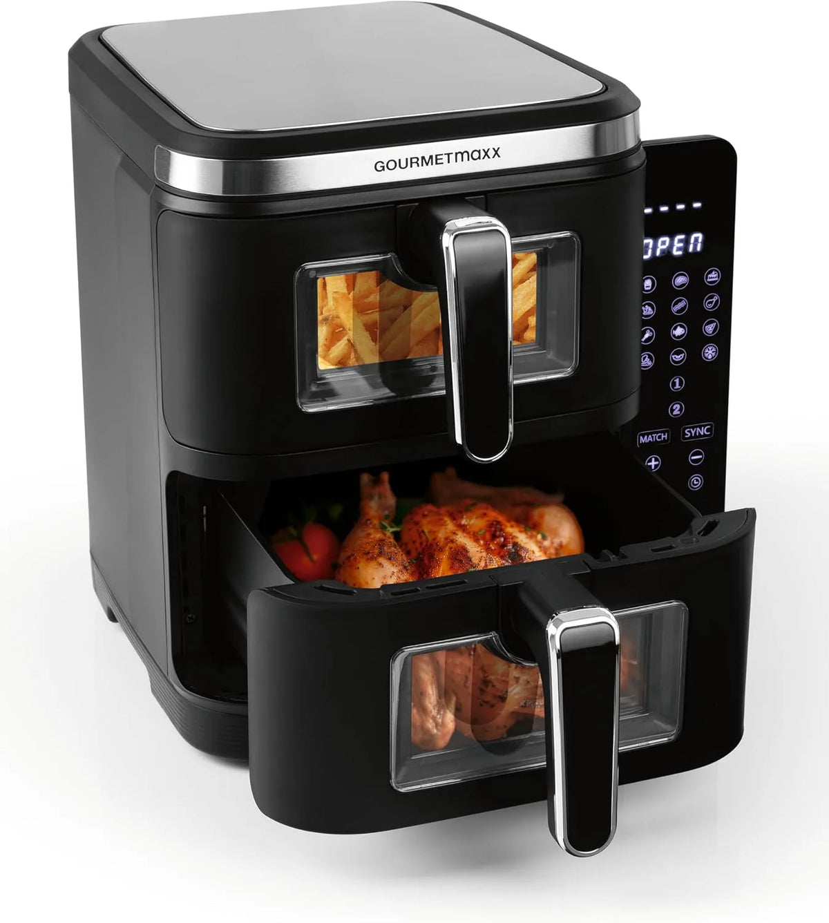 Frigideira de ar quente de quarto duplo XXL - GOURMETmaxx com ecrã tátil e janelas transparentes, capacidade 10 L