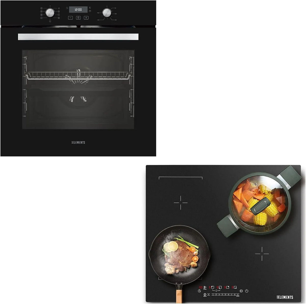 KB ELEMENTS Conjunto de cozinha independente - 60 cm de forno encastrado - Placa de indução 59 cm - 4 lareiras - função churrasqueira - Calor rotativo - Aqua Limpeza limpa - superfície resistente a riscos - Prata