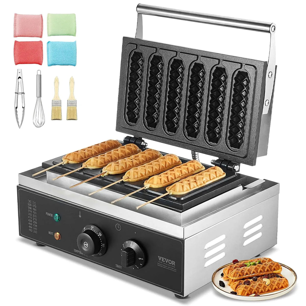VEVOR Gaufrier Comercial 6 partes 1500 W, aço inoxidável anti-adesivo Gaufringer, regulação de temperatura e tempo, ideal para cachorros quentes e lanches