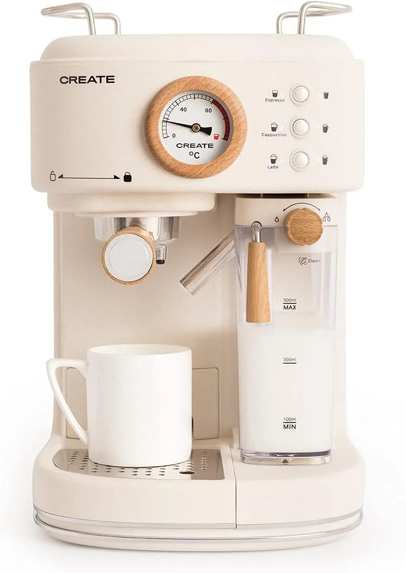 CREATE Máquina de café expresso semi-automático Cassé branco - 20 Bar, cesto de leite, máquina de varrer, duplo bico vertedor, 1.5 L, 1250 W