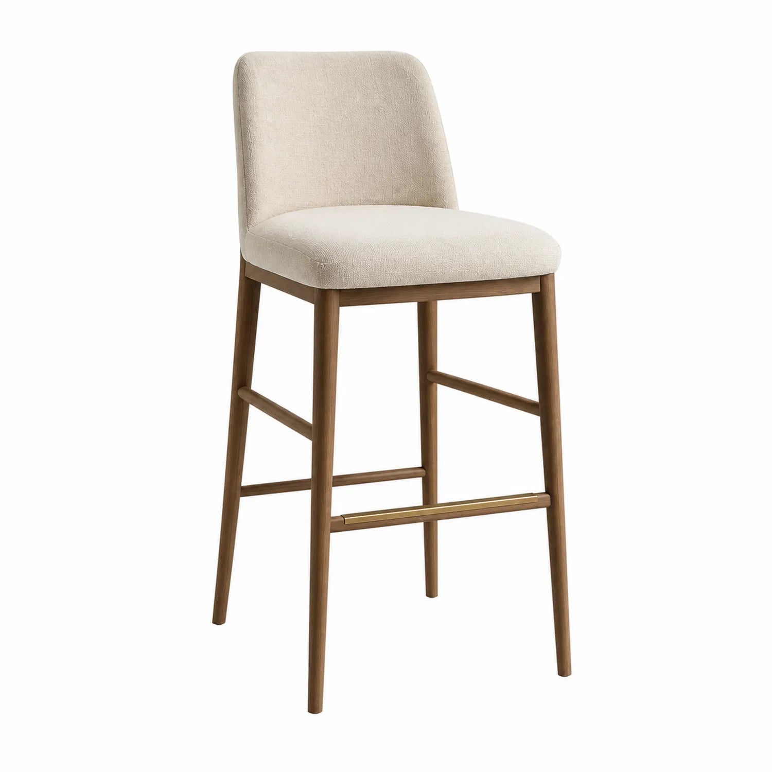 Taburete de bar tapizado en poliéster beige con estructura de madera