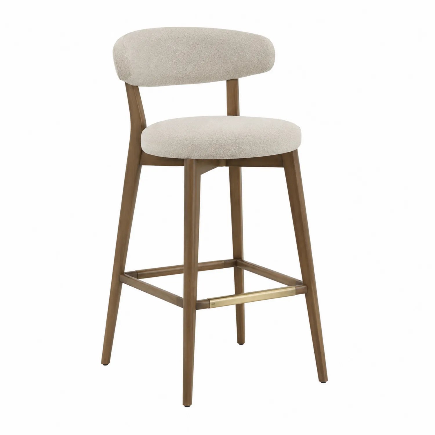 Taburete de bar de madera con tapizado de tela beige y reposapiés metálico