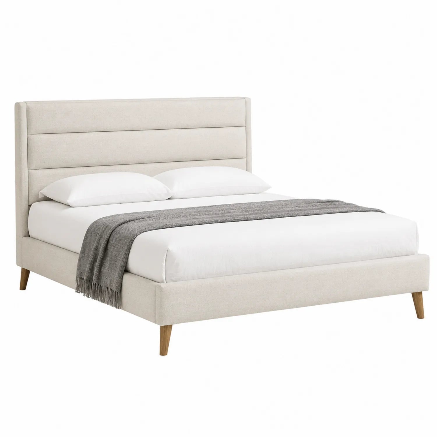 Cama Tapizada en Tela Beige con Patas de Madera