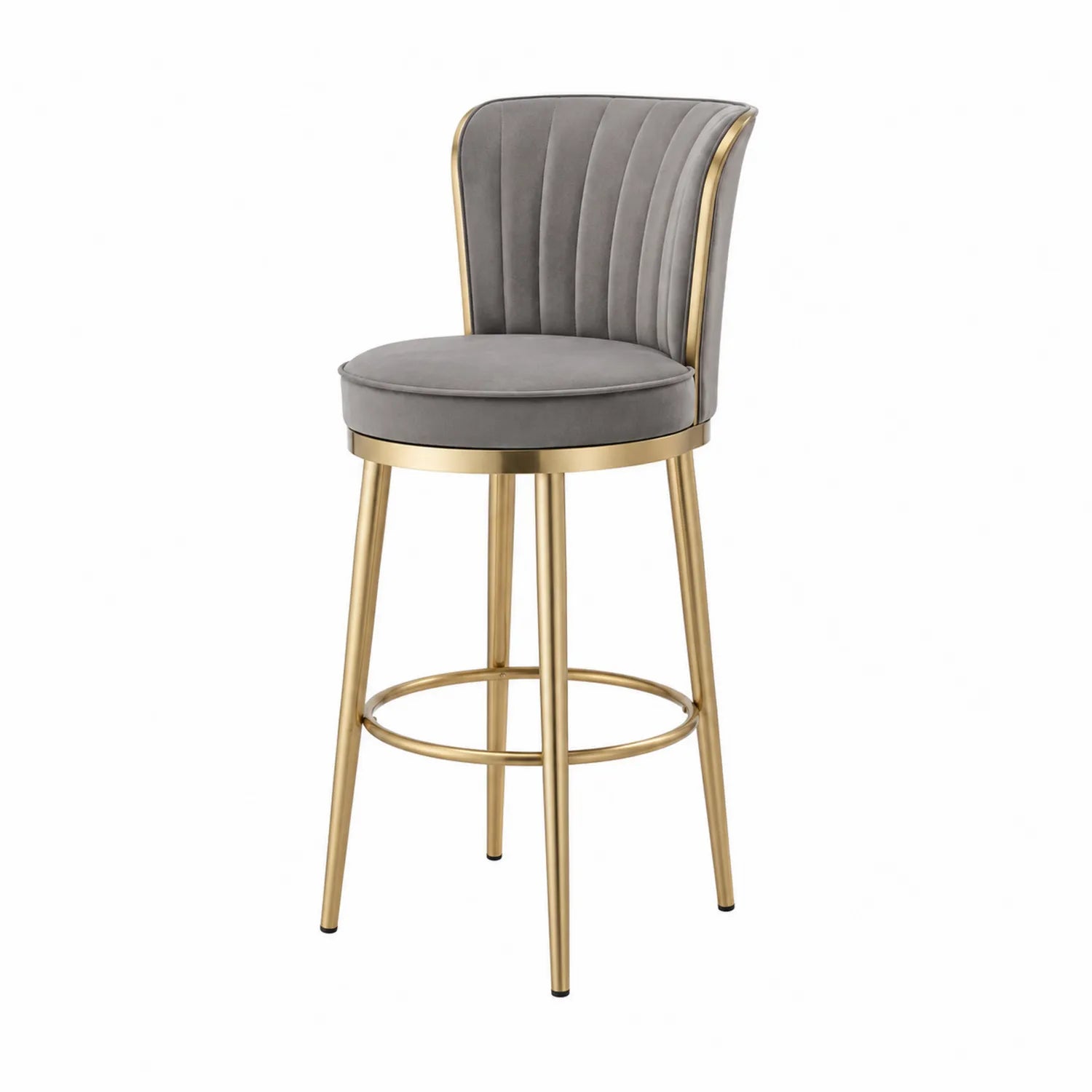 Taburete de terciopelo gris con estructura de metal dorado 110 cm