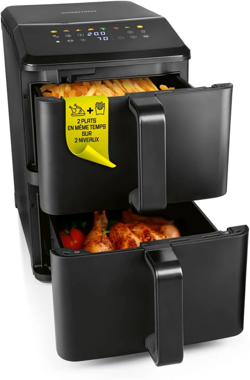 Frigideira de ar quente Quarto Duplo GOURMETmaxx - 10 L com LED Tático Ecrã 11 Programas