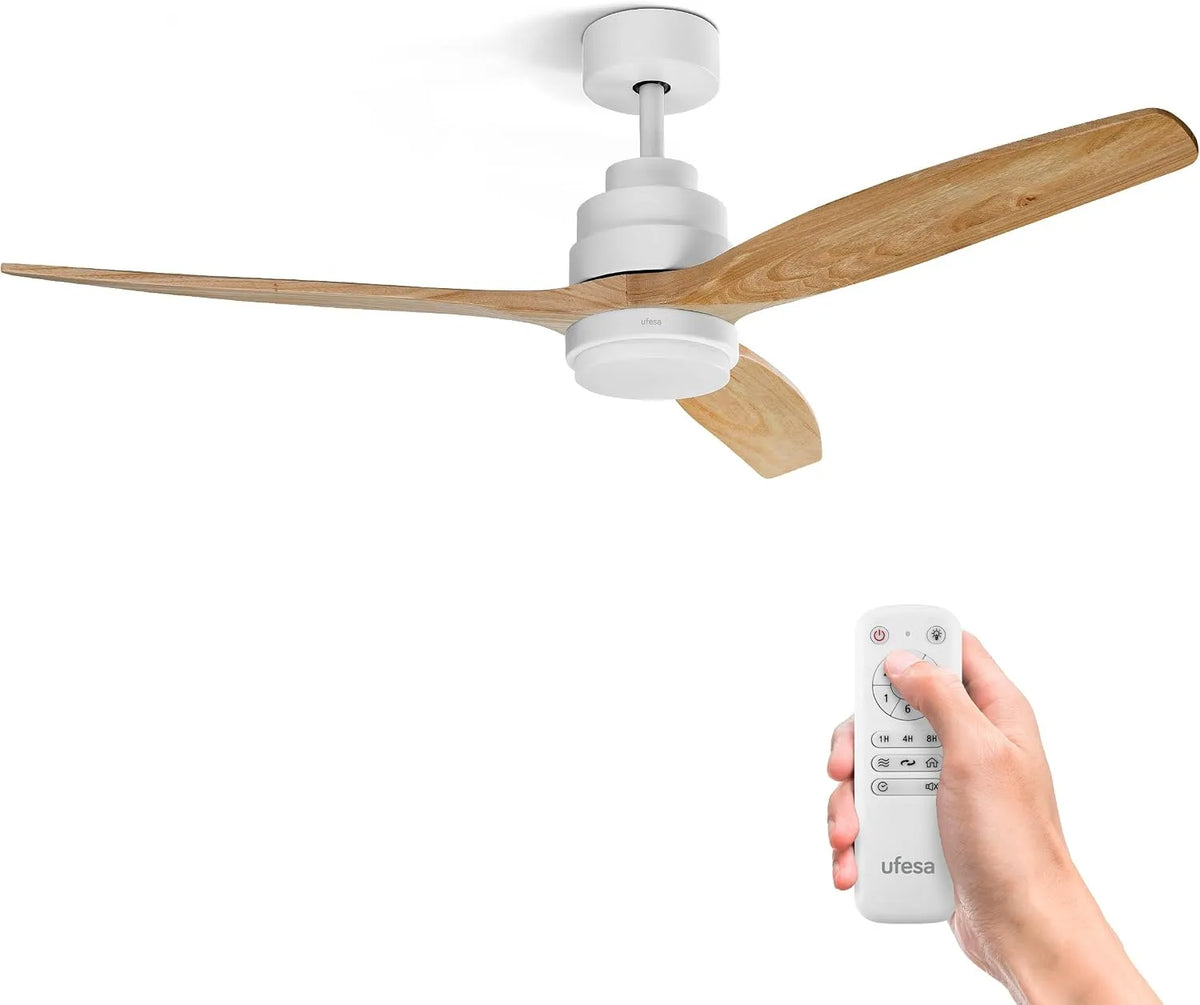 Ufesa Ventoinha de teto silencioso com luz, 6 velocidades, madeira natural 132 cm, modo verão-inverno, temporizador 8h, comando à distância