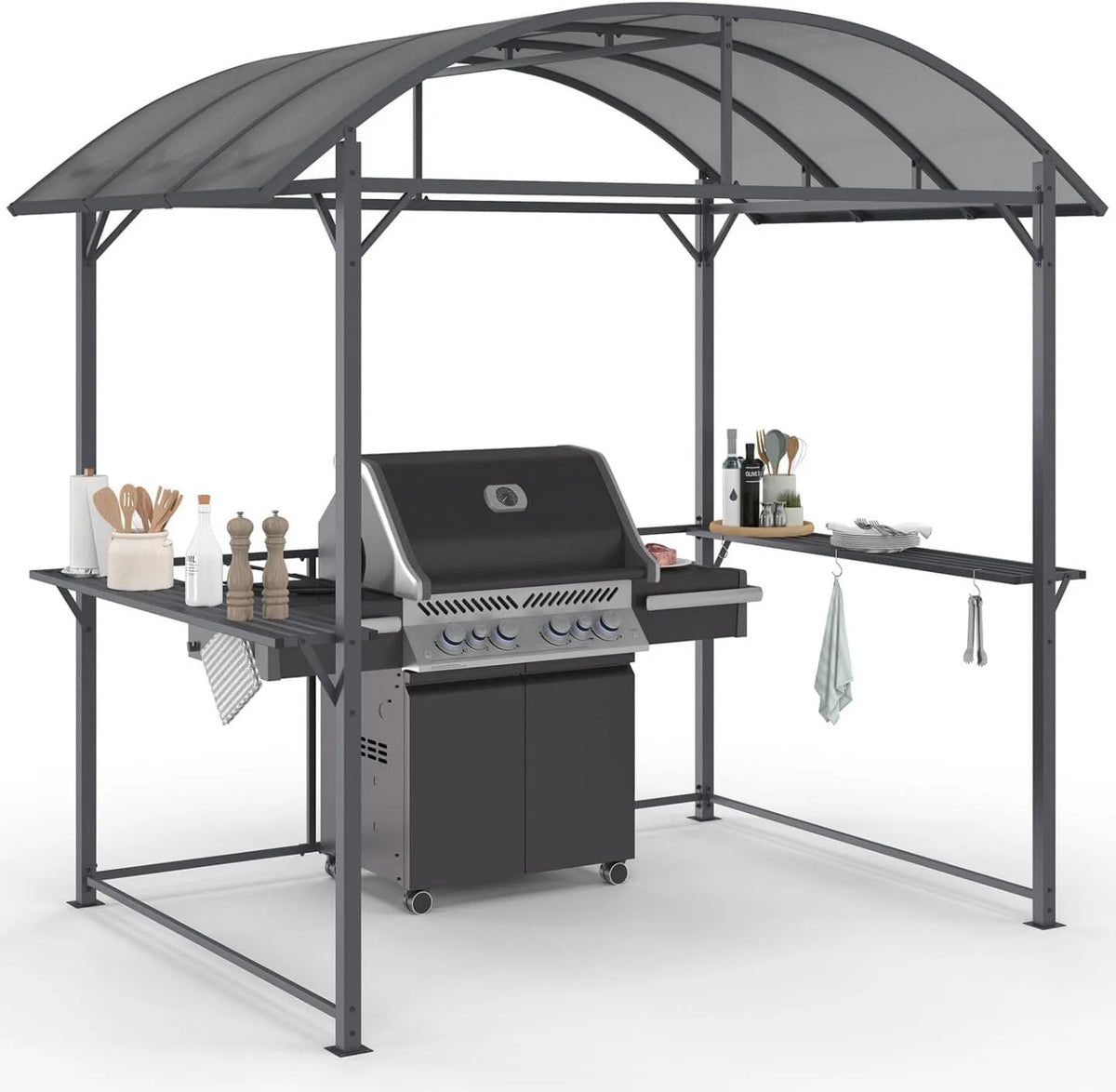 IDMarket Abris Churrasco cinzento de Metal 240x150x220 cm com Telhado de Policarbonato e Prateleiras