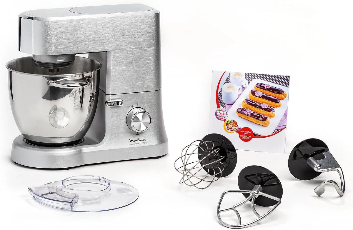 Moulinex 1500 W máquina de pastelaria, tigela de aço inoxidável 6.7 L, 10 velocidades, alumínio, kit Premium