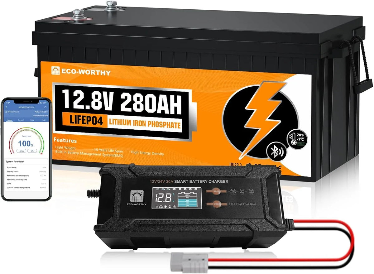Bateria Bluetooth LiFePO4 12 V 280AH ECO-WORTHY com carregador de 20A e BMS
