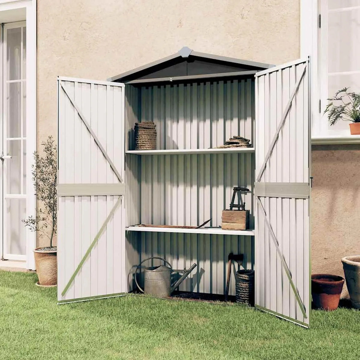 Gecheer Abrigo de jardim Antracite de aço galvanizado com prateleiras 107.5x46x183 cm
