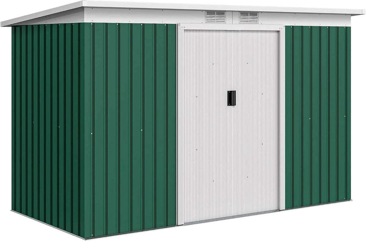 Outsunny Cabine de Jardim de Aço Grande com Fundação e Portas Deslizantes, 280 x 130 x 172 cm, Verde escuro