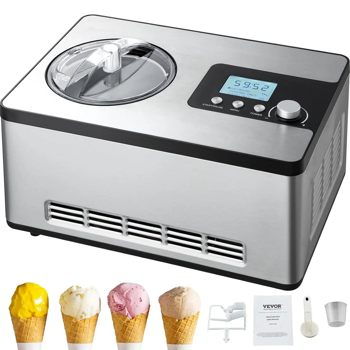 Máquina de gelo profissional VEVOR 2 L, 180 W, ecrã LCD, preparação de gelado rápido e gelato sem pré-congelamento